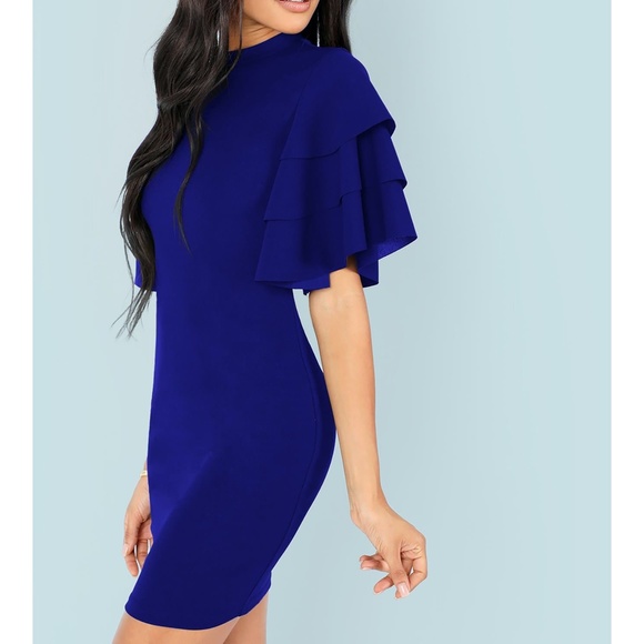 Blue Tiered Flounce Sleeve Bodycon Short Dress - Picture 3 of 6